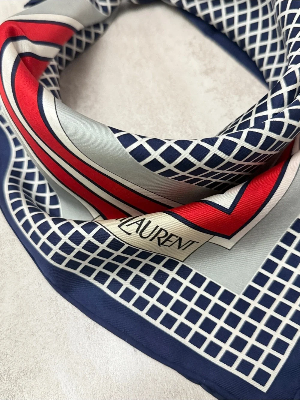 Yves Saint Laurent Navy, Red & Silver Geometric Silk Scarf